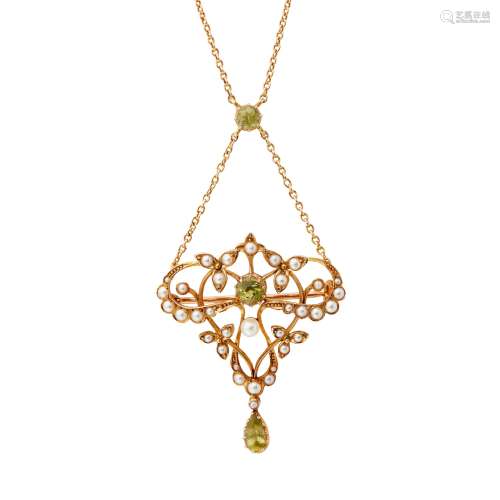 An early 20th century peridot and pearl set pendant necklace