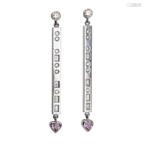 A pair of diamond and pink sapphire 'Morse Collection' earrings, Eric N Smith