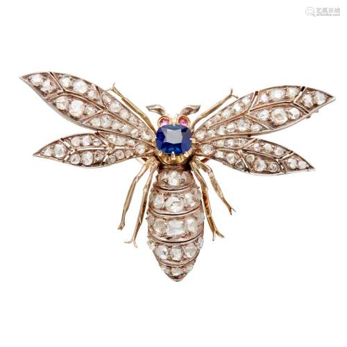 A late 19th century sapphire and diamond set insect brooch