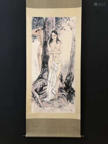 A Chinese Nude Figure Painting, Wu Guanzhong Mark