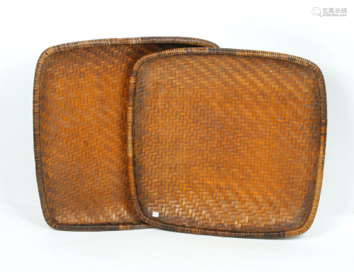 TWO SHALLOW WOVEN BASKETS TRAYS