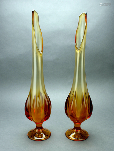 PAIR MID CENTURY AMBER BLOWN ART GLA…