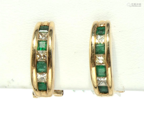 14K YG EMERALD & DIAMOND HOOP EARRIN…