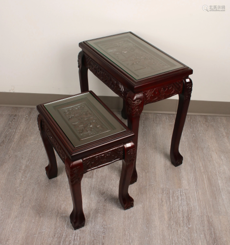 PAIR CARVED NESTING TABLES W GLAS…