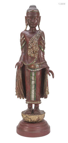 A LARGE BURMA RED LAQUER WOOD SCULPTURE DEPICTING BUDDHA. 20TH CENTURY