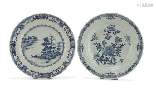 TWO CHINESE WHITE AND BLUE PORCELAIN DISHES 18TH CENTURY