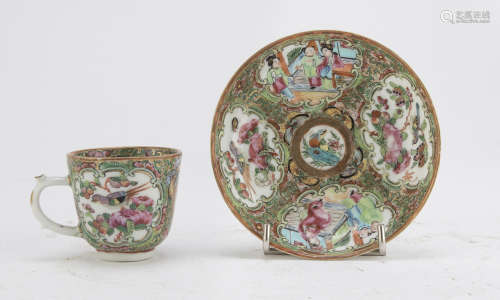 A CHINESE POLYCHROME AND GOLD ENAMELED PORCELAIN CUP AND SAUCER 19TH CENTURY