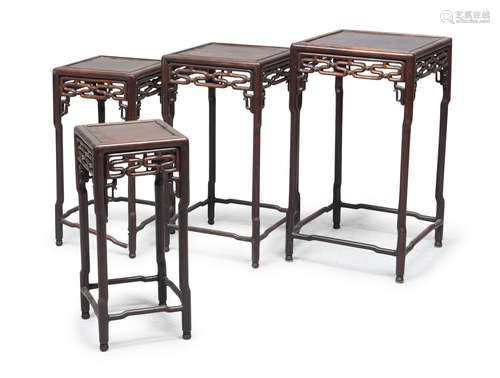 FOUR CHINESE TEAK NESTING TABLES 20TH CENTURY