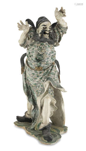 A CHINESE POLYCHROME ENAMELED CERAMIC SCULPTURE REPRESENTING A LOKAPALA LATE 18TH CENTURY