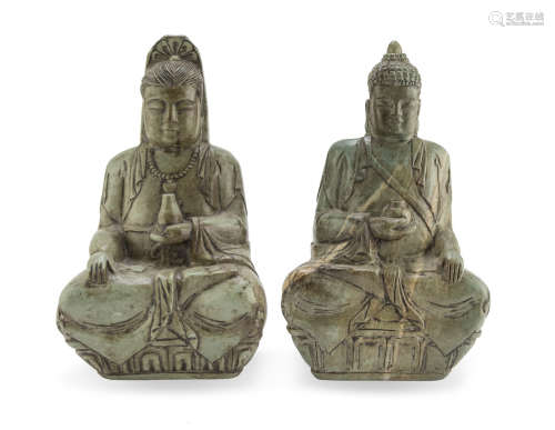 A PAIR OF CHINESE MARBLE SCULPTURES REPRESENTING BUDDHA AND GUANYIN 20TH CENTURY.
