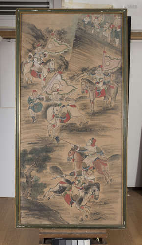 CHINESE SCHOOL EARLY 20TH CENTURY. ANTIQUE BATTLE SCENE MIXED MEDIA ON SILK.