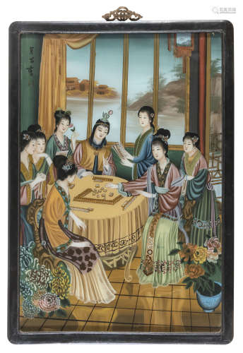 A CHINESE SCHOOL PAINTING ON GLASS DEPICTING TAOIST DEITIES AND ALLEGORY 20TH CENTURY.