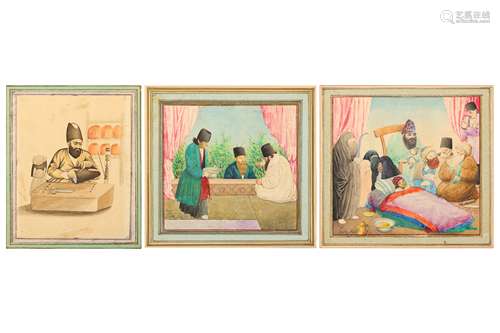 * THREE QAJAR WATERCOLOURS WITH COMMON DAILY LIFE SCENES