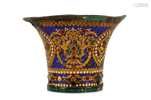 * A LARGE QAJAR GILT AND ENAMELLED SILVER QALYAN CUP