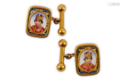 * A PAIR OF GOLDEN CUFFLINKS WITH QAJAR POLYCHROME-ENAMELLED PORTRAIT MINIATURES