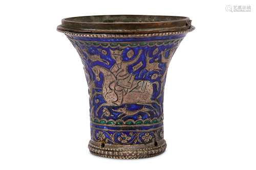 * AN ENAMELLED REPOUSSÉ SILVER QALYAN CUP