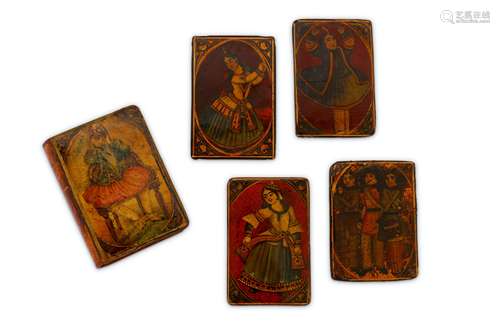 * FOUR QAJAR LACQUERED PAPIER-MÂCHÉ PLAYING CARDS AND CASE