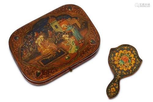 * A PERSIANISED LACQUERED PAPIER-MÂCHÉ POCKET SEWING BOX AND A QAJAR POCKET MIRROR