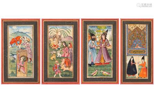 * FOUR QAJAR ALBUM PAGE WATERCOLOURS FROM A PROVINCIAL WORKSHOP