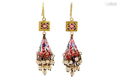 * A PAIR OF QAJAR COMPOSITE POLYCHROME-ENAMELLED GOLD EARRINGS