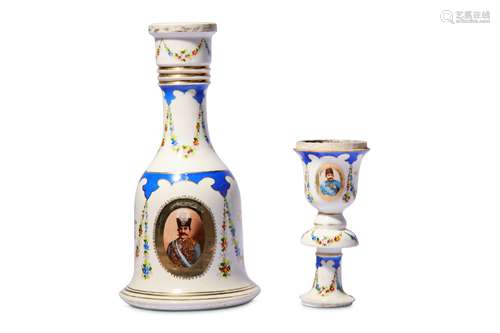 * A PORCELAIN WATER PIPE (QALYAN) BOTTLE AND STEM CUP WITH PORTRAIT OF MUZAFFAR AL-DIN SHAH QAJAR