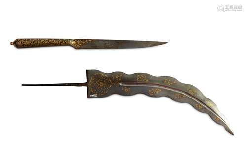 * A GOLD-DAMASCENED STEEL DAGGER BLADE AND A GOLD-DAMASCENED STEEL FRUIT DAGGER