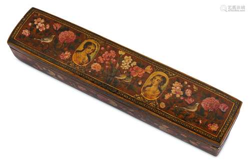 * A QAJAR LACQUERED PAPIER-MÂCHÉ SQUARED PEN CASE (QALAMDAN)