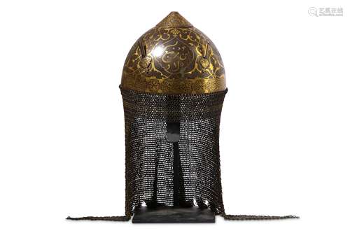 * A QAJAR GOLD-DAMASCENED STEEL HELMET (KHULA KHUD)