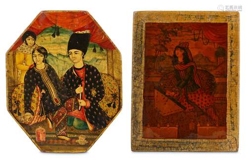 * TWO SMALL QAJAR LACQUERED PAPIER-MÂCHÉ MIRROR CASE LIDS