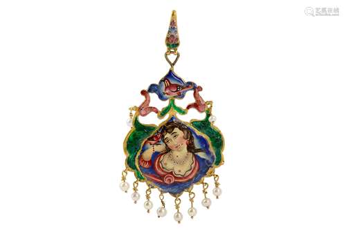 * A QAJAR POLYCHROME-ENAMELLED GOLD PENDANT WITH MAIDEN'S PORTRAIT