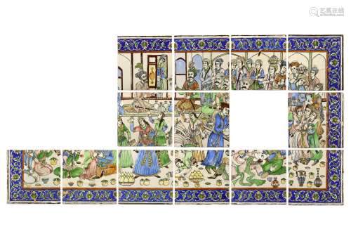 * A LARGE COMPOSITION SET OF THIRTEEN MOULDED POTTERY TILES