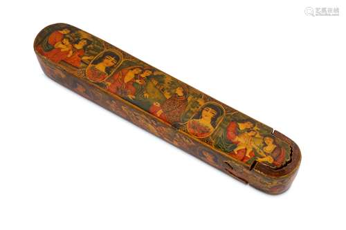 * A QAJAR LACQUERED PAPIER-MÂCHÉ PEN CASE (QALAMDAN) WITH FIGURAL DECORATION