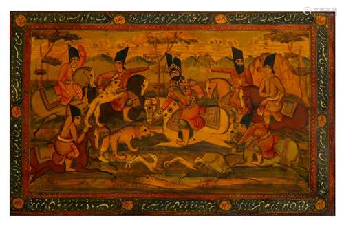 * A QAJAR LACQUERED PAPIER-MÂCHÉ PANEL: THE SHAH HUNTING