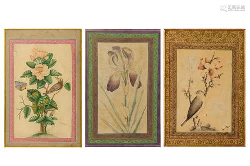 * THREE TINTED DRAWINGS DEPICTING FLOWERS AND BIRDS