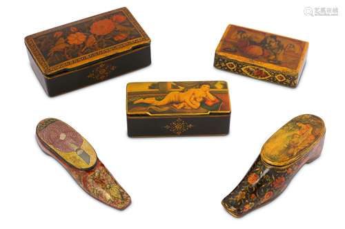 * FIVE SMALL QAJAR LACQUERED PAPIER-MÂCHÉ LIDDED BOXES