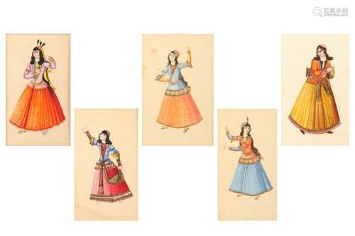 * A SET OF FIVE WATERCOLOURS OF QAJAR FEMALE ENTERTAINERS