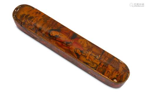 * A QAJAR LACQUERED PAPIER-MÂCHÉ PEN CASE (QALAMDAN) WITH A SUFI SHEYKH AND HIS PUPILS