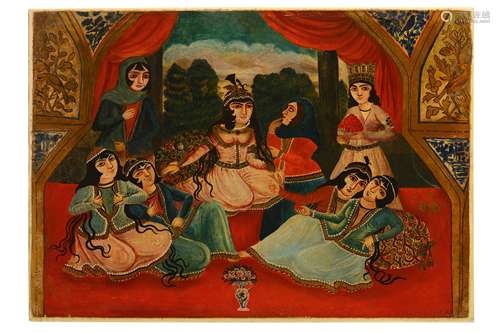 * A QAJAR OIL PAINTING DEPICTING YUSUF BRINGING ORANGES TO ZULEYKHA AND HER MAIDENS