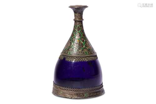 * A QAJAR BLUE GLASS QALYAN BOTTLE WITH ENAMELLED SILVER FITTINGS