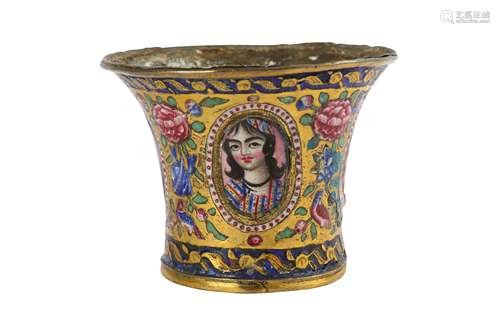 * A QAJAR GILT AND POLYCHROME-ENAMELLED COPPER QALYAN CUP