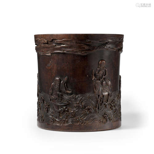 A HARDWOOD 'IMMORTALS' BRUSHPOT Qing dynasty