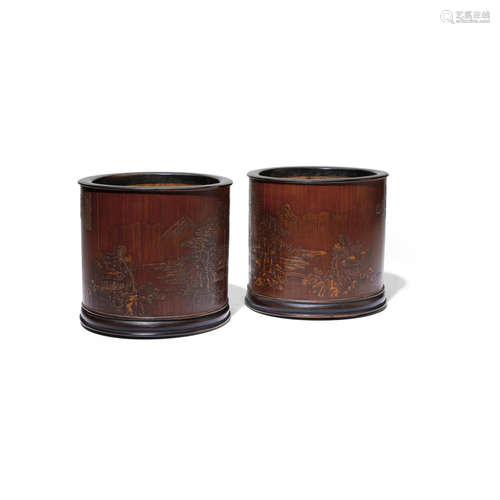 TWO 'LIUQING' CARVED BAMBOO BRUSHPOTS Signed Zhu Wenyou, Qing dynasty