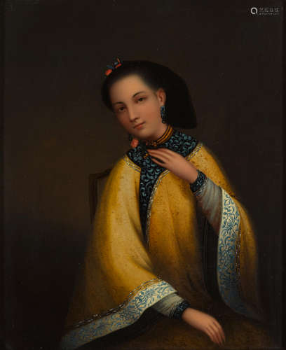 Anonymous, Canton School Portrait of a Chinese Lady with Manchu Style Yellow Robe, circa 1850