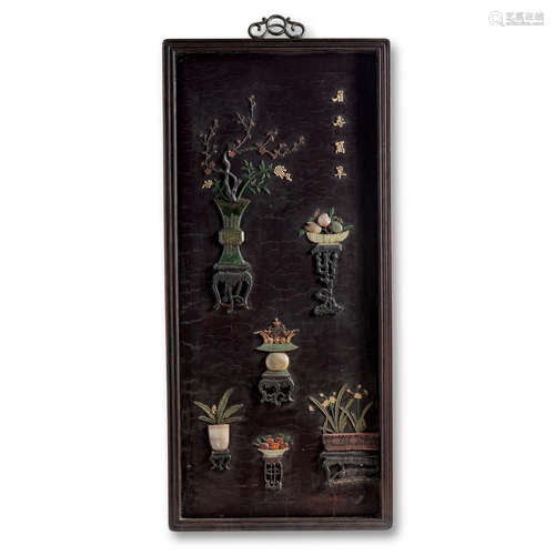 A JADE AND HARDSTONE-INLAID LACQUER PANEL the jade 19th century, the panel Late Qing Republic period