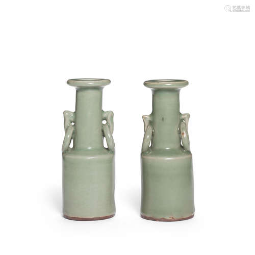 TWO SMALL LONGQUAN CELADON MALLET VASES Ming dynasty