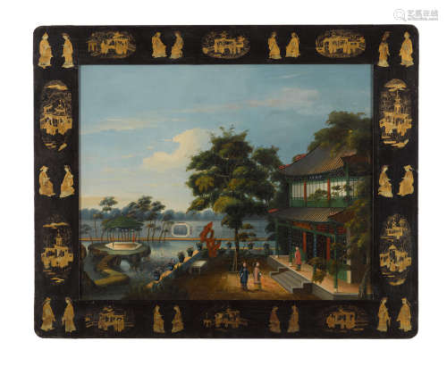 Anonymous, Canton School Chinese House and Water Gardens with Figures, circa 1865