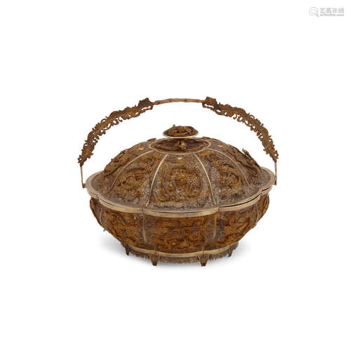 A Chinese silver gilt filigree basket and cover 19th century