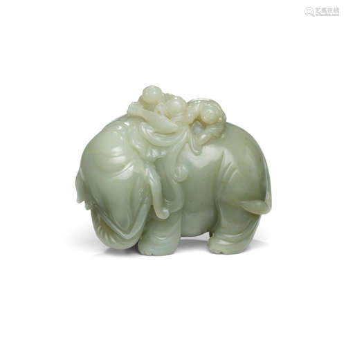 A CELADON JADE 'ELEPHANT AND BOYS' GROUP Late Qing dynasty