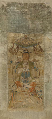 A RARE SILK AND METAL-WRAPPED THREAD EMBROIDERED PANEL OF GUANYIN AND ATTENDANTS Early Qing dynasty