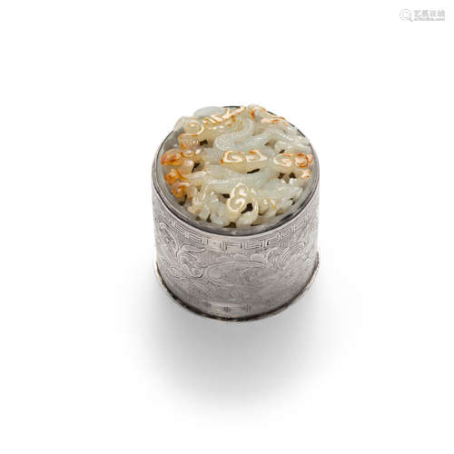 A JADE INSET SILVER CYLINDRICAL BOX AND COVER The jade, Ming dynasty; the silver, 19th century